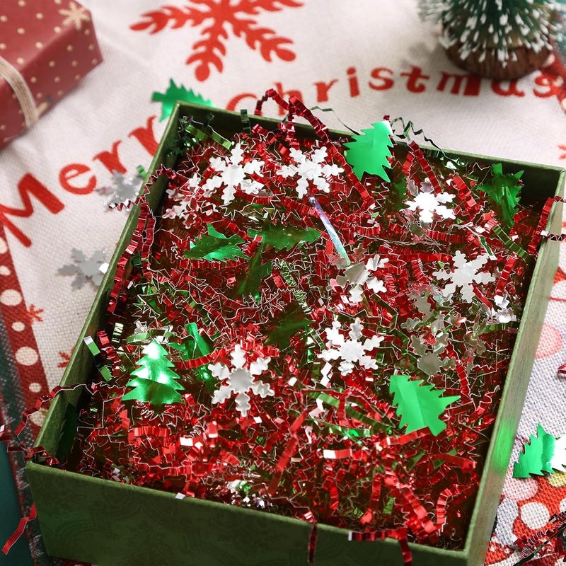 PAPER FAIR 1LB Metallic Red Green Christmas Crinkle Cut Paper Shred Filler w/Tree & Snowflake Confetti, Gift Wrap Packaging Raffia Tissue Strand, Craft Bedding Cushion, Winter Birthday Box Basket - Image 2
